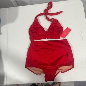 High-Waist Bandeau Bikini Set in Vibrant Red